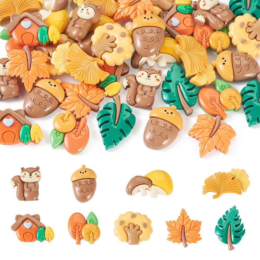 5216 36Pcs Autumn Theme Resin Cabochon Mushroom Squirrel Acorn Leaf